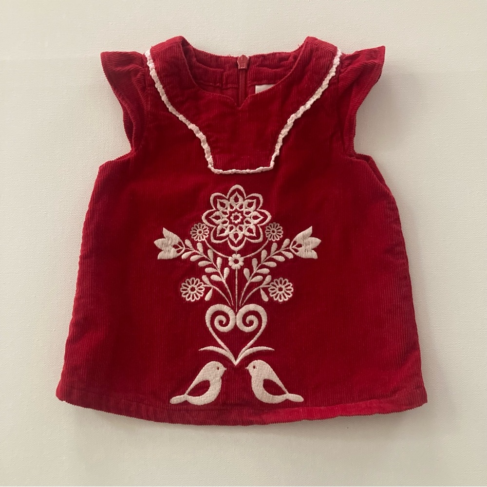 Hanna Andersson 50 Baby Girl 0-3 Months Red Corduroy Dress Birds Flowers